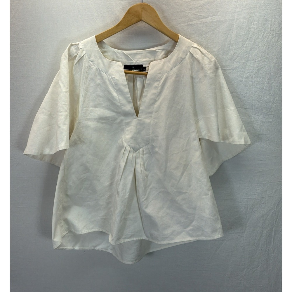 Pomander Place Tunic Women XS Ivory Split Neck Flutter Sleeve Cotton Pleated